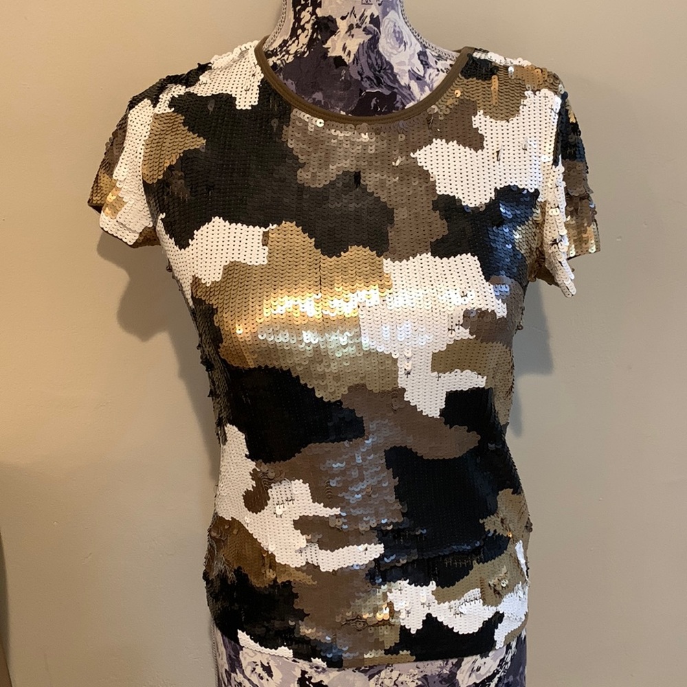 Sequin Camouflage Neutrals Lined Pull On Short Sleeve Top S